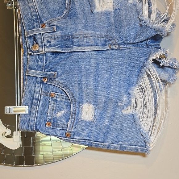 Levis 501 Cotton High Waisted Distressed Raw Hem Denim Shorts - Picture 2 of 10